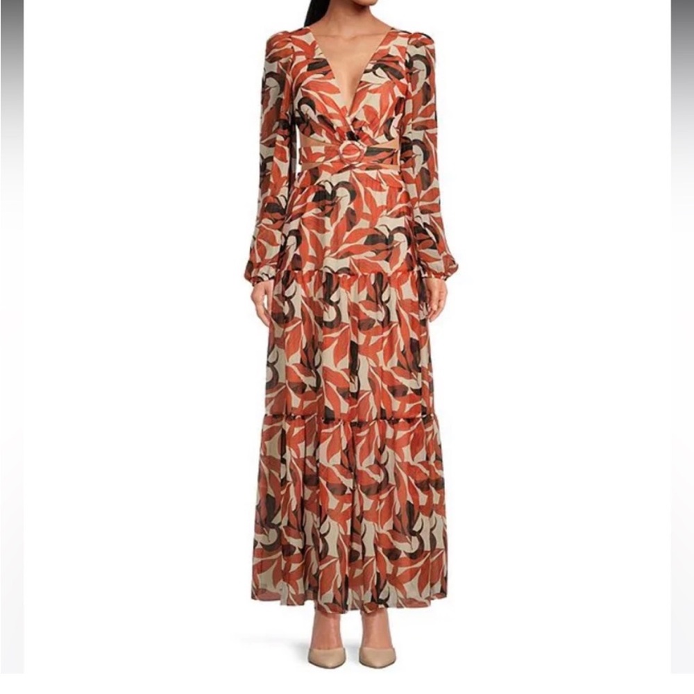 NWT Gianni Bini Lillian Copper Palm Print Deep V-Neck Cut-Out Tiered Dress